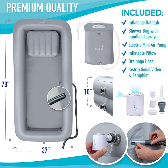 Circa Air Portable Bath Tubs Adults - Inflatable Bathtub with Bedside Shower Bag & Electric Pump, Full Body Washing in Bed, Bed Bath Supplies, Portable Shower Bed, Blow Up Tub, Hair Shampoo Basin