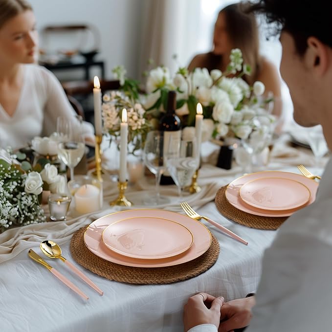 100PCS Pink Gold Plastic Plates, Pink Disposable Plates for Party, Wedding and Graduation, Include 50 Dinner Plates, 50 Dessert Plates for 50 Guests