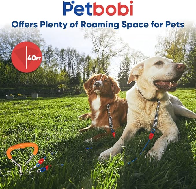 Petbobi Dog Tie-Out Cable and Stake - 40ft Heavy Duty Cable with Spring, No Tangle, 16in Ground Stake, Ideal for Yard, Camping and Beach, Suitable for Medium to Large Dogs Up to 120 lbs, Blue