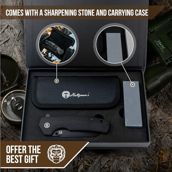 Holtzman's Gorilla Survival - The Clip Point Folding Pocket Knife (Black+Orange) - D2 Steel Blade - Tactical EDC Knife with G10 Handle & Pocket Clip