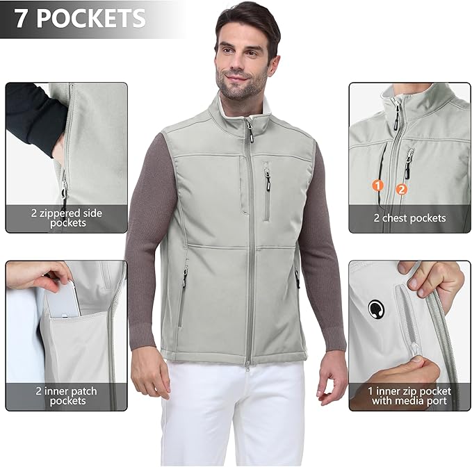 Outdoor Ventures Men's Running Vest Outerwear, Lightweight Windproof Fleece-Lined Softshell Sleeveless Jacket for Golf