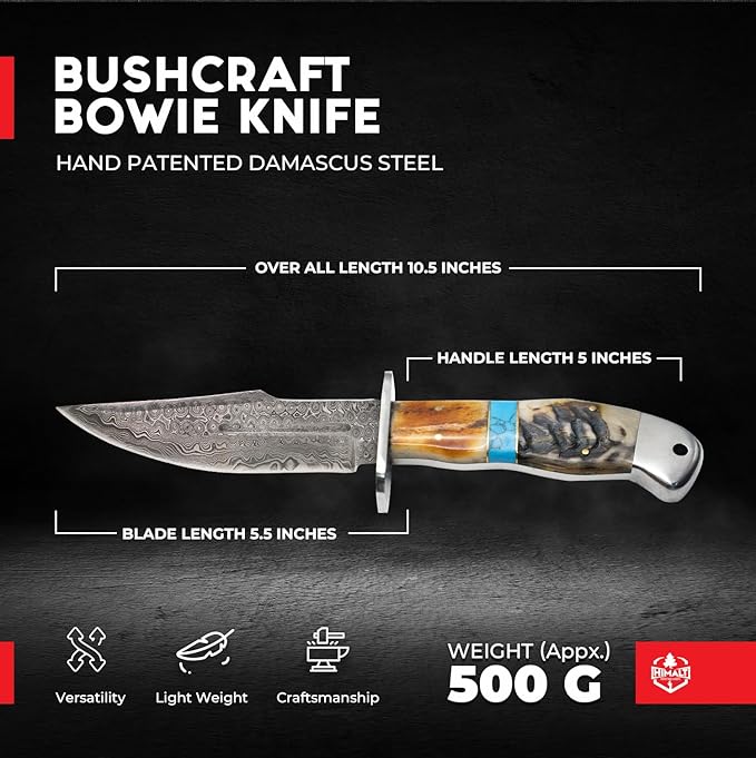 10.5" Handmade Damascus Steel Fixed Blade Bowie Hunting Knife with Leather Sheath -Bushcraft knife-Ideal For EDC,Camping Skinning,Outdoor-Best Hunting Knives For Men.Ram Horn,Turqouise Stone & Camel Bone Handle.