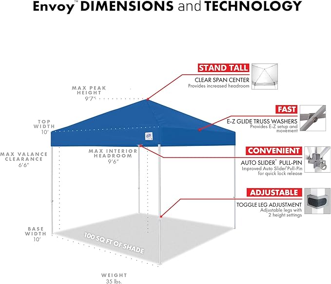 E-Z UP Envoy Outdoor Canopy Pop Up Tent, 10' x 10', Roller Bag, 4-Piece Spike Set, Recreational Grade, Royal Blue Top