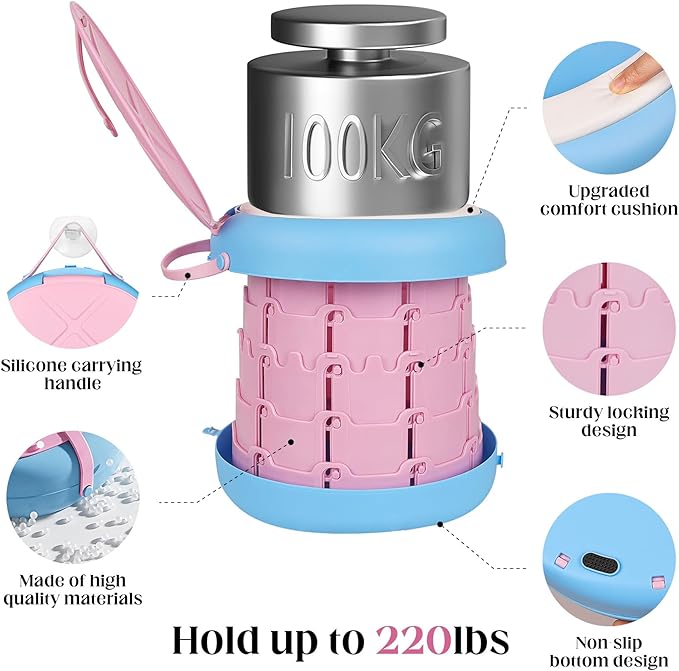 Inmorven Portable Toilet Camping Retractable Potty Adjustable Height Camp Potty for Adults Kids, Foldable Portable Toilet or Camping, Car, Travel, Boat, Beach, Tent and Emergency Use - Pink