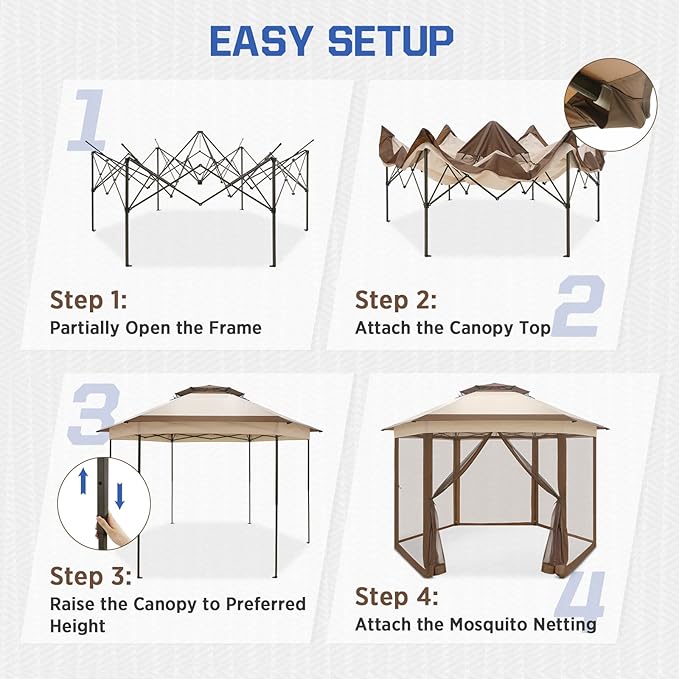 EAGLE PEAK 6-Sided Outdoor Camping Pop Up Gazebo w/Screen Netting, 13x13 Double-Tier Hexagonal Outdoor Canopy Tent for Patio, Garden, Party, Backyard, Beige
