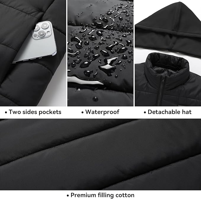 Heated Vest for Men, 14 Heating Zones, Dual Control Electric Heated Vest with Detachable Hood, Battery Not Included