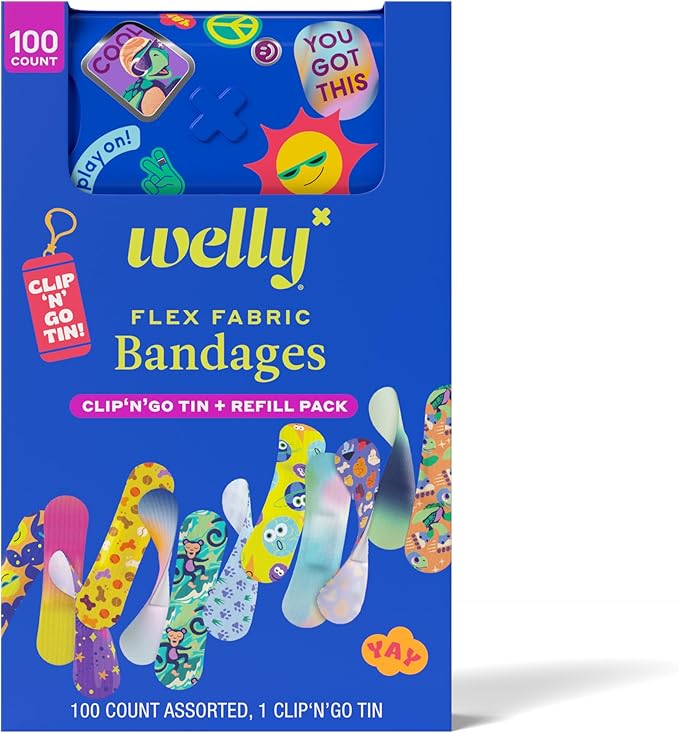 Welly Bandage Clip N' Go Tin & Refill Pack | Adhesive Flexible Fabric Bandages and Tin | Assorted Shapes and Patterns for Minor Cuts, Scrapes, and Wounds - 100 Count