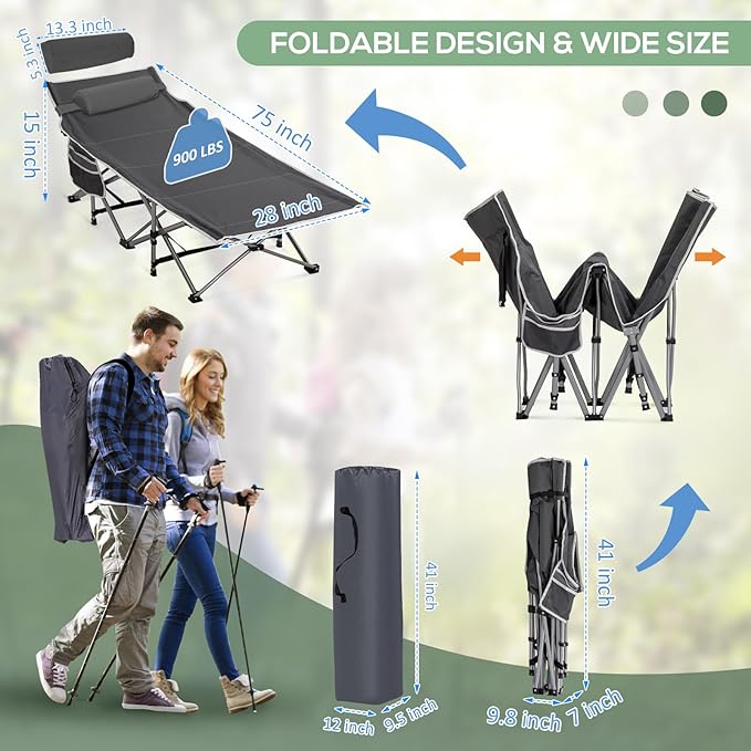 2 Pack Wide Folding Camping Cots with Pillow & Extra Thick 3 Inch Matress, Cots for Sleeping 900 LBS, Camping Bed for Adults with Cushion, Sleeping Cot (Grey)