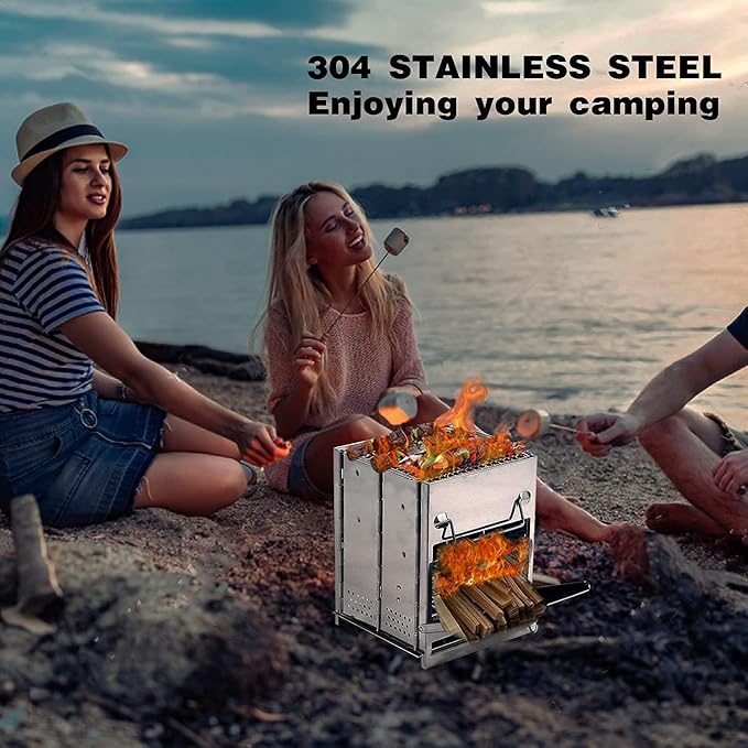 REDCAMP Wood Portable Burning Folding Camp Stove Stainless Steel Grid, Collapsible Backpacking Stove Survival Rocket Stove for Hiking Outdoor Tent Camping Picnic BBQ, Large