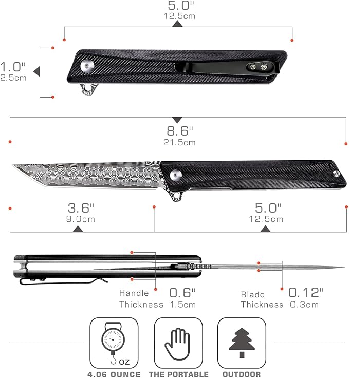 Damascus Pocket Knife GD22K, Flipper Open Tanto Blade Damascus Steel Folding Pocket Knives with Pocket Clip, G10 Handle, Men Women Sharp EDC Pocket Knife Camping Hiking Gift