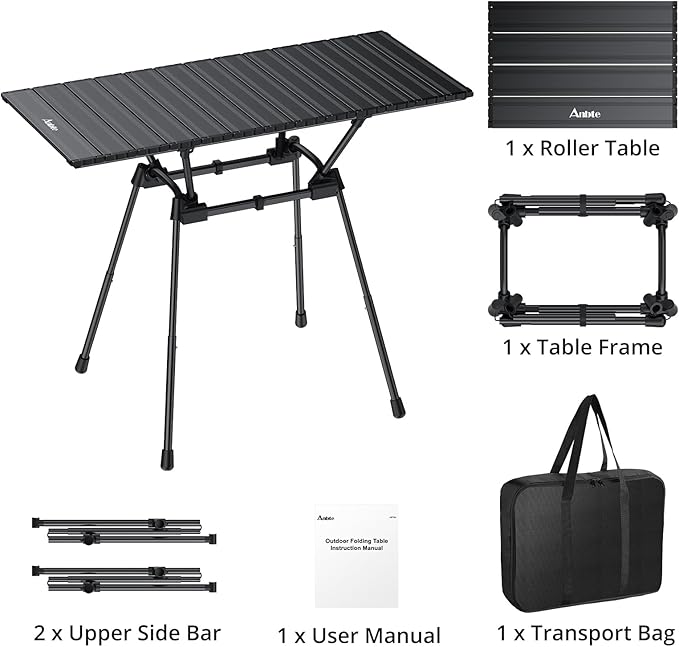 3ft Folding Camping Table, 4 Adjustable Heights Tall Aluminum Roll Up Camping Table with Carrying Bag, Portable, Waterproof, for Picnic, Outdoor, Travel, Backyard, Beach, 35” X 16”, Black