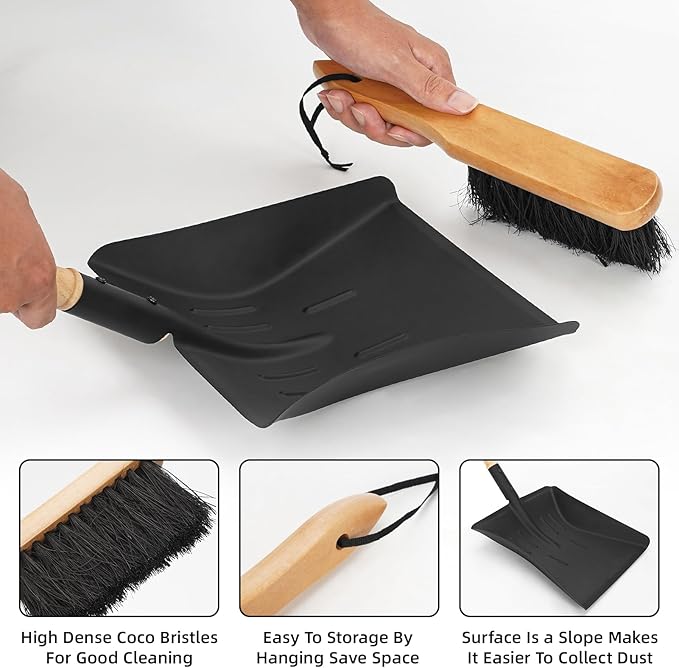 Fireplace Ash Shovel and Brush Set, Coal Shovel and Hearth Brush Set, Fireplace Tools Set Indoor Outdoor Rust Resistant Made of Natural Wood & Coco Bristles for Easy Cleaning