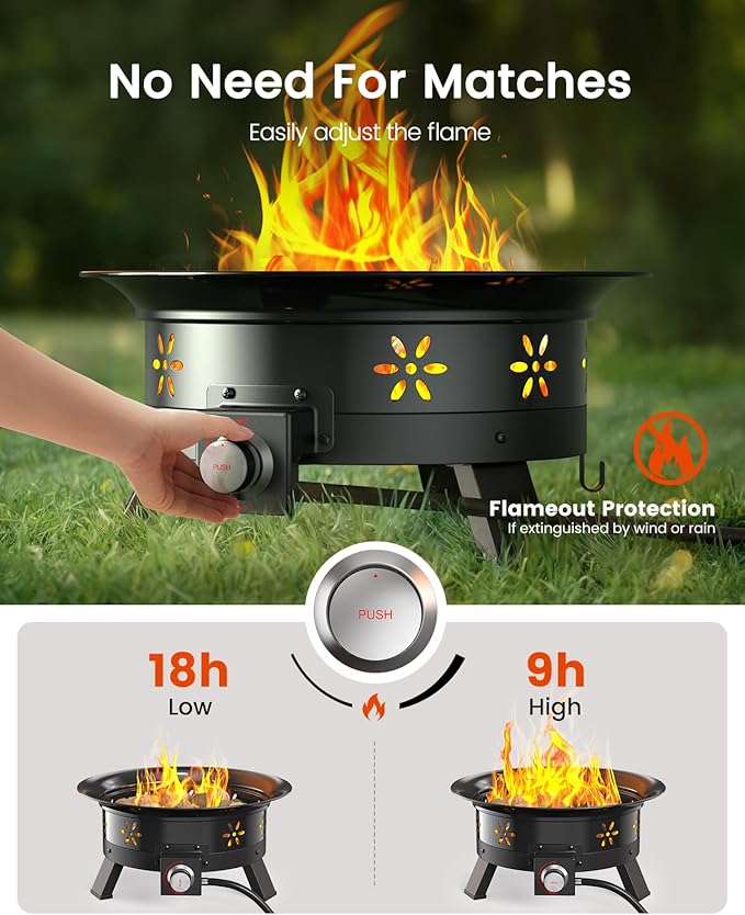AMADA HOMEFURNISHING 24″ Propane Fire Pit with Grill Grate, 58,000 BTU, Folding Legs, Propane Tank Holder, Cover, and Carry Strap, No Ignition Needed, Easy Flame Adjustment, CSA-Certified, Portable