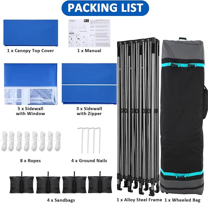COBIZI 10x30 Pop Up Canopy with 8 Sidewall,Heavy Duty Canopy UPF 50+ All Season Wind Waterproof Commercial Outdoor Wedding Party Tents for Parties Canopy Gazebo with Roller Bag(10 x 30 ft Blue)