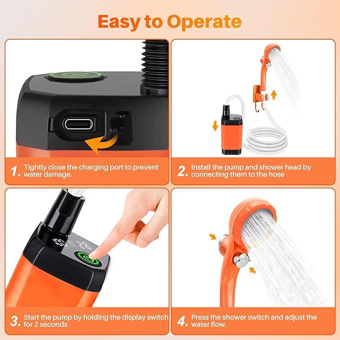 Portable Camping Shower with Heater, 6000mAh Rechargeable Camping Shower with 2000W Auto-Off Immersion Heater, LED Display, Heated Outdoor Shower for Travel, Hiking, Car