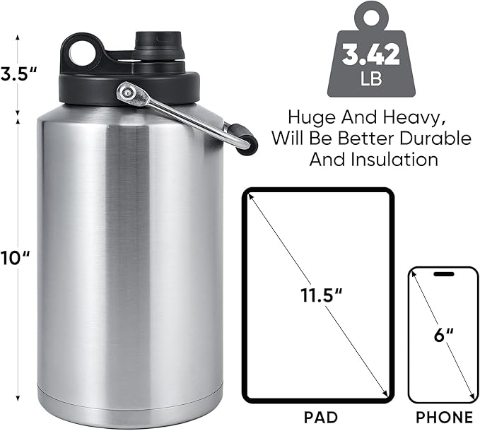 Kerilyn Insulated Gallon Jug with Handle, One Gallon, 128oz Stainless Steel, Large Double Vacuum Water Bottle for Hot & Cold Drinks, Wide Mouth, Sweat Proof, Great for Travel, Camping, Stainless