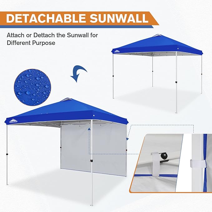 EAGLE PEAK Pop Up Canopy Tent with 1 Sidewall, Easy Setup Event Tent, Outdoor Sun Shade, Wheeled Carry Bag, Stakes and Guy Ropes, Instant Canopy 10x10, Blue