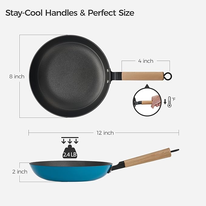 YUTANN 8" Enameled Non-Stick Cast Iron Skillet, Egg Frying Pan with Removable Wooden Handle, PFAS/PFOA Free, Dishwasher & Oven Safe (500°F)