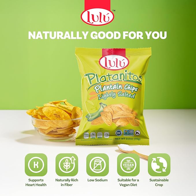 LULU Plantain Chips - Lightly Salted, 30 Individual Bags (2.5 Oz Each) - Crunchy, Delicious, Kosher, Gluten-Free Healthy Snacks - No Preservatives or Artificial Colors, Sustainably Sourced Plantains
