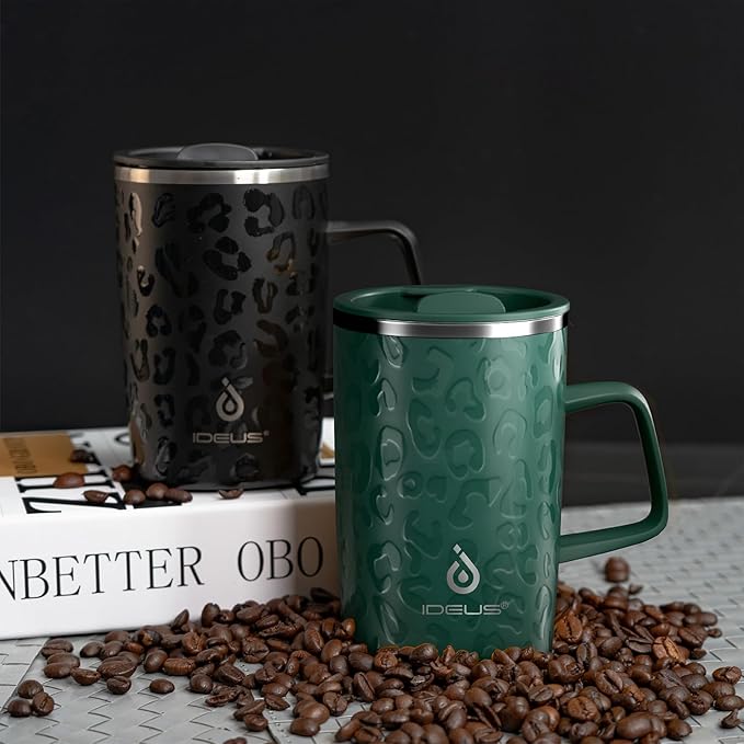 Ideus Vacuum Insulated Coffee Mug, 16oz Reusable Stainless Steel Thermal Double Walled cup with Handle and Slider Lid for Hot & Cold Beverages, BPA Free (Leapord Dark Green)