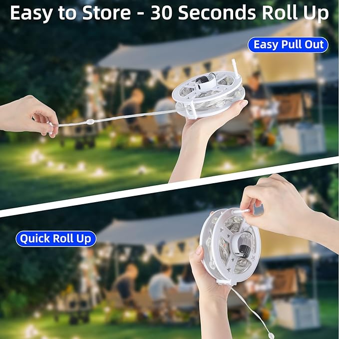 Moobibear Camping String Lights, Quick Storage 33FT/100LED RGB Rugby Rechargeable Tent Lights String with USB 8 Lighting Modes, Waterproof Portable LED Lamp for Camping Essentials, Yard, Party