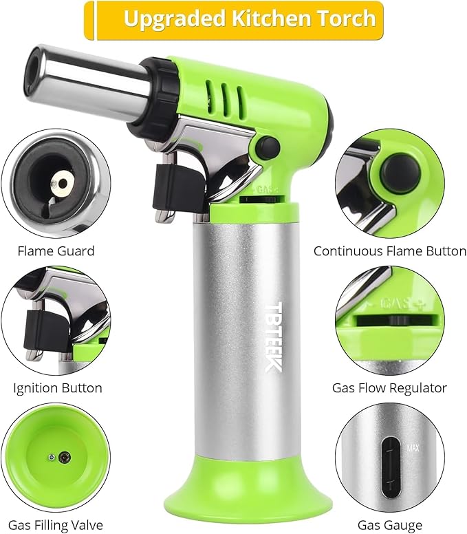 TBTeek Butane Torch, One-hand Operation Kitchen Torch with Adjustable Flame for Grilling, Baking and Soldering (Excluding Butane Gas), Green