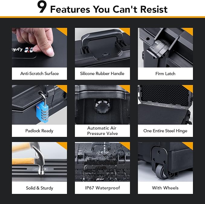 Lykus HC-6030 Large Waterproof Hard Case with Wheels and Customizable Foam, Interior Size 23.5x16.8x10.7 inch, Suitable for large electronic equipment and more