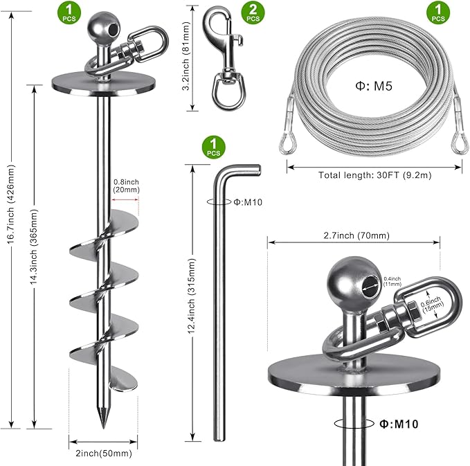 Dog Tie-Out Cable and Stake – 30ft Chew-Proof Stainless Steel Cable, 16-Inch Heavy-Duty Dog Anchor for Dogs Up to 200lbs, No Tangle, Dog Runner for Yard and Camping