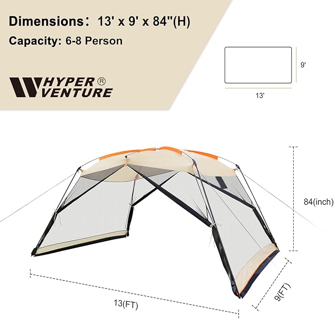 Hyper Venture Screen House 13x9 FT 4 Mesh Walls Canopy Tent Camping Gazebo Shelter for 6-8 People Outdoor Party Activities, Khaki