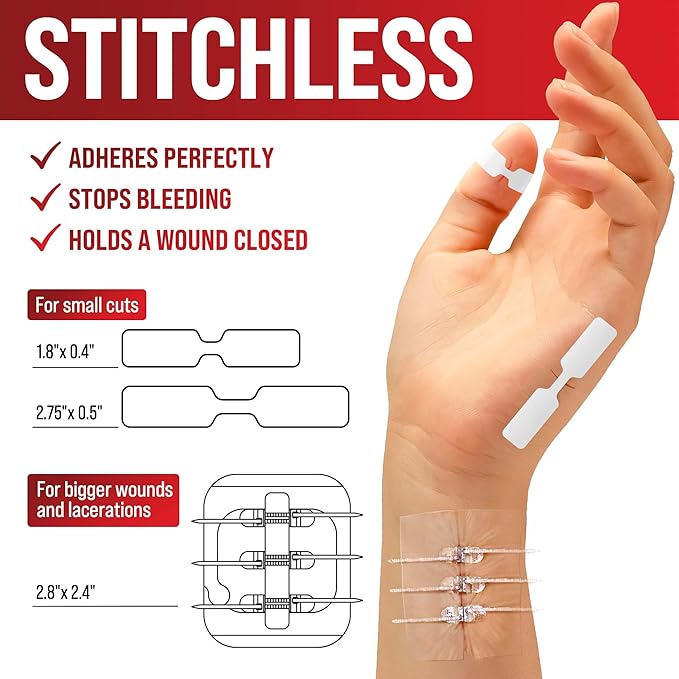 Emergency Wound Closure Strips - 11pk - 2 Types Easy to Use Butterfly Bandages - Stitchless & Painless Laceration Closure Kit