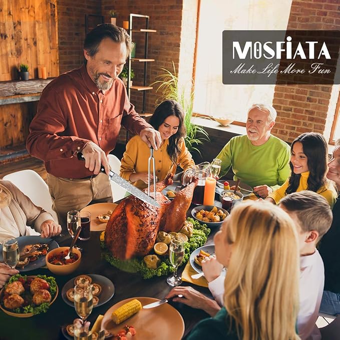 MOSFiATA 8" Carving Knife & 7" Fork Set - Premium Meat Cutting Knife, German High Carbon Stainless Steel EN.4116 BBQ Knives for Slicing Meats, Fruits & Vegetables
