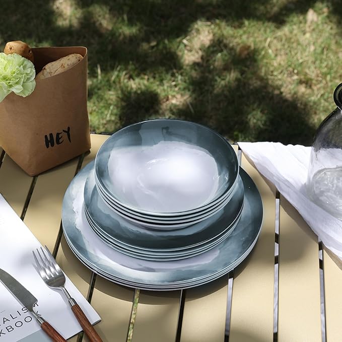 Melamine Dinnerware Sets-12 Pieces Outdoor Plates and Bowls Set for 4, Durable Dinner Plates for Camping Picnics Party, Chip Resistant Dishes, Grey Blue, Dishwasher Safe