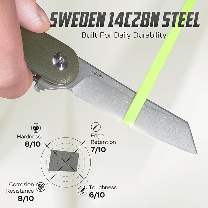 Folding Pocket Knife, 2.79” 14C28N Steel Blade Micarta Handle Flipper Liner Lock Small Praxis EDC Folding Knife, Sharp Camping Outdoor Survival Knives for Men Women (Green)