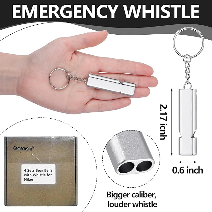 4 Sets Bear Bells with Whistle for Hiker, Loud Bear Bell with Emergency Whistle, Bear Bells for Hiking, Outdoor Camping, Survival, Biking, Fishing, Climbing, Hunting, Pet Tracker