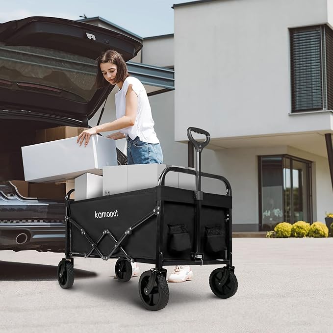 Large Collapsible Wagon Foldable for Grocery, Beach, Park, Yard, 34 x 18 Inch Inner Storage. Folding Utility Shopping Cart on Wheels. Heavy Duty, Durable w/Cupholders (Black)