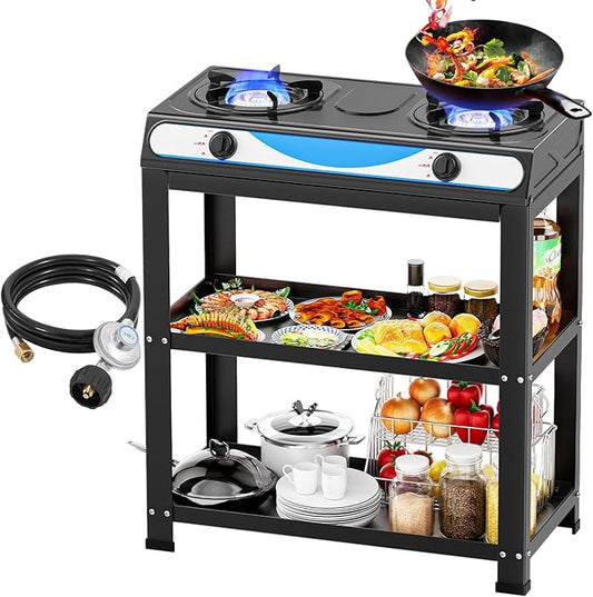 2 Burner Propane Gas Stove,19000BTU Portable Gas Stove with Support Leg Stand and Adapter Auto Ignition Camping Stove,propane burner for RV, Apartment, Outdoor Cooking