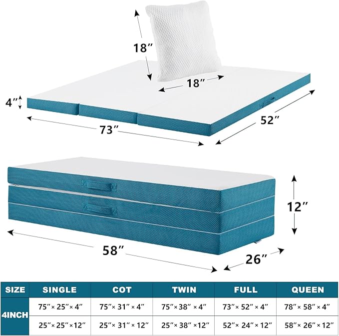 SINWEEK Memory Foam Folding Mattress, 4 Inch Foldable Trifold Mattress Topper, CertiPUR-US Certified Guest Bed with Cooling Cover & Waterproof Lining