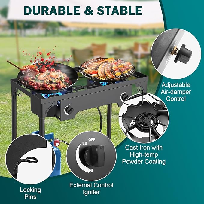 2 Burner Propane or LPG Gas Stove for Outdoor Cooking | 150,000 BTU High-Pressure Heavy-Duty Camping Stove with Regulator | Portable for Backyard, Patio BBQ, Baking, Frying