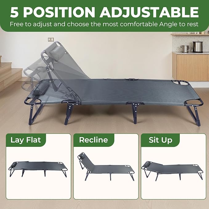 Portable Camping Cot for Adults with Removable Mattress, Double Layer 1200D 330lb Foading Cot, Heavy Duty Camping Bed with Pillow, 4-Position Reclining for Guest Sleeping (Gray)