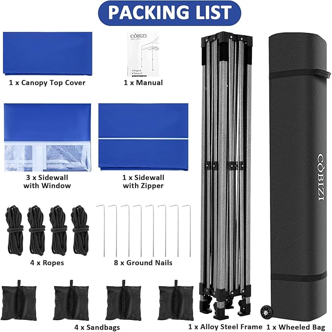 COBIZI 10x10 Pop Up Canopy with 4 Sidewall,Heavy Duty Canopy UPF 50+ All Season Wind Waterproof Commercial Outdoor Wedding Party Tents for Parties Gazebo with Roller Bag (10 x 10 ft Dark Blue)