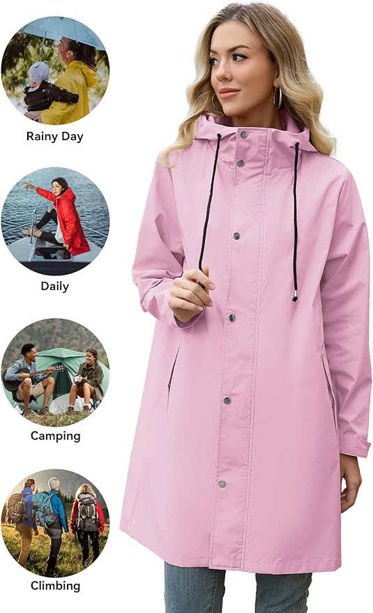 Zando Long Packable Rain Jacket Women Waterproof - Raincoat for Women Rain Coat with Hood Lightweight Outdoor Windbreaker