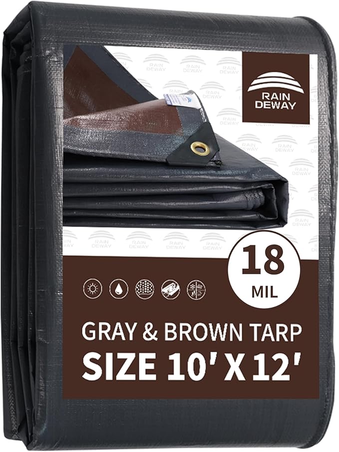 RAINDEWAY 10x12 Feet Super Heavy Duty Tarp 18 Mil, UV Resistant, Weatherproof, Multipurpose Waterproof Poly Tarp with Grommets and Reinforced Edges, Brown/Gray Tarps