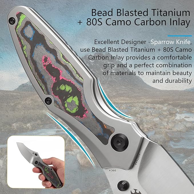 KANSEPT Baba Yaga Pocket Folding Knives for Men Women Camping Hiking Folding Knife 3.06'' Satin CPM 20CV Blade EDC Knife with Bead Blasted Titanium 80S Camo Carbon Inlay Handle Everyday Carry K1074A4