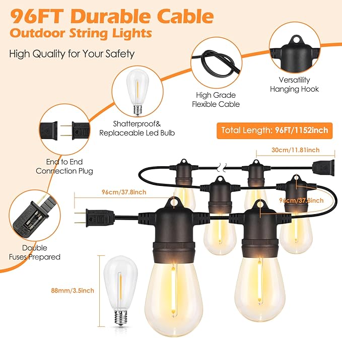 96FT LED Outdoor String Lights, Waterproof Patio Lights with 30+2 2700K Dimmable Shatterproof Edison Hanging Bulbs for Backyard Party-Black
