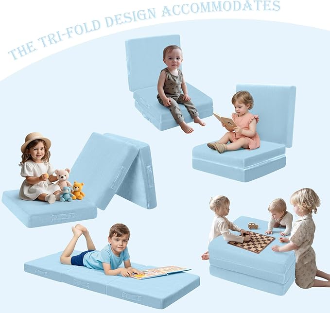 MeMoreCool Foldable Floor Mattress for Kids, Toddler Floor Nap Mat for Sleeping Daycare, Small Child Foldable Mattress Floor Bed, Trifold Futon Portable Tri Folding Mattress, Blue 57x22 Inch