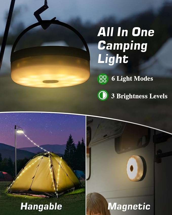 Anpro 4 in 1 Camping String Lights, 32.8 Ft String with Warm White 130 LEDs, USB Rechargeable with Remote Control, Adjustable Brightness, 6 Light Modes, Portable Camping Light for Outdoor, Decoration
