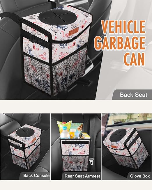 Car Trash Can with Lid, Cute Leakproof Car Trash Garbage Bag Hanging Vehicle Trash Bin Small Portable Automotive Garbage Cans Organizer for Back/Front Seat/Console(2.8 gal,Flamingo Print