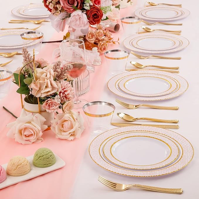 Ciaell 150PCS Pink Plastic Plates โ Disposable Pink and Gold Plates Set include 50Plates, 25Forks, 25Knives, 25Spoons, 25Cups for Wedding & Party