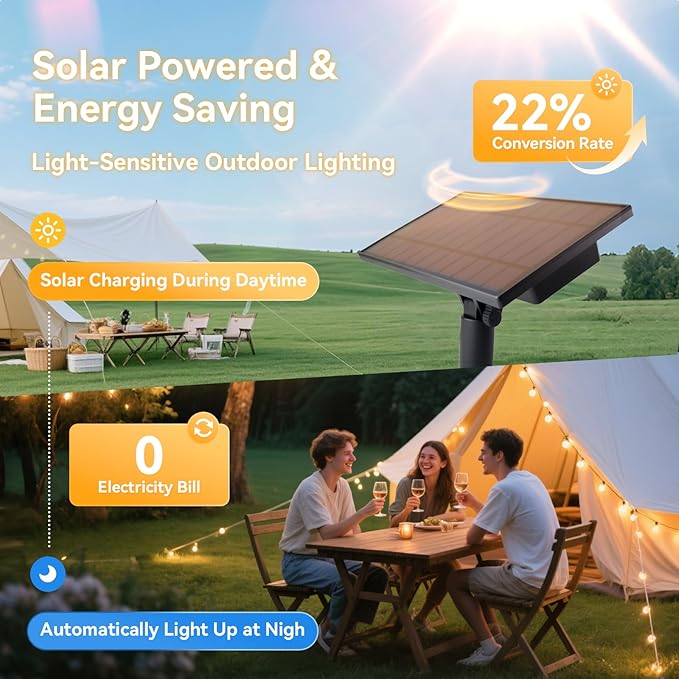 HJQ 60FT Solar String Lights Outdoor Waterproof, Patio Lights Solar Powered with Remote & USB Port, 20+1 LED Shatterproof Bulbs, 3 Light Modes, Dimmable Solar Hanging Lighting for Camping Yard Garden