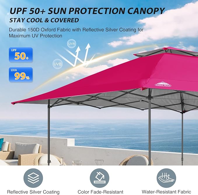 EAGLE PEAK 13x13 Straight Leg Pop Up Canopy Tent Instant Outdoor Canopy Easy Single Person Set up Folding Shelter w/Auto Extending Eaves 169 Square Feet of Shade (Deep Pink)